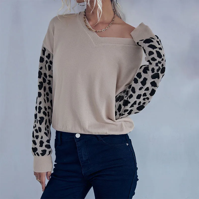 Есента Нов Модерен Женски вязаный тънък пуловер с леопардовым принтом и дълъг ръкав, Женски лоскутный фалшив комплект от две части, мека блузи с V-образно деколте - 1