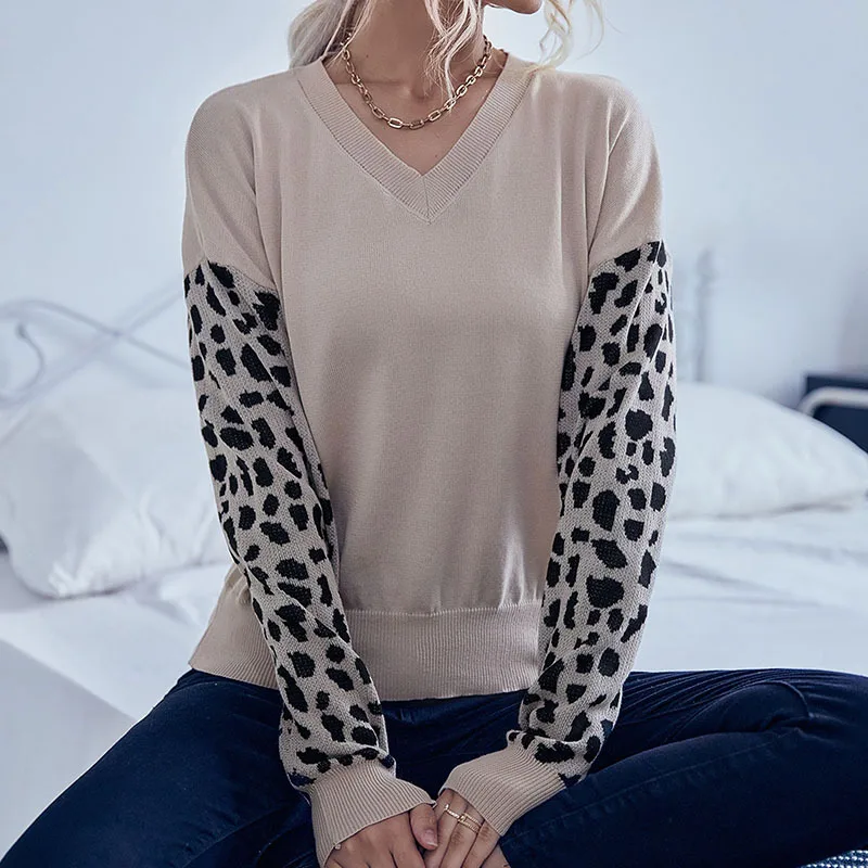 Есента Нов Модерен Женски вязаный тънък пуловер с леопардовым принтом и дълъг ръкав, Женски лоскутный фалшив комплект от две части, мека блузи с V-образно деколте - 2