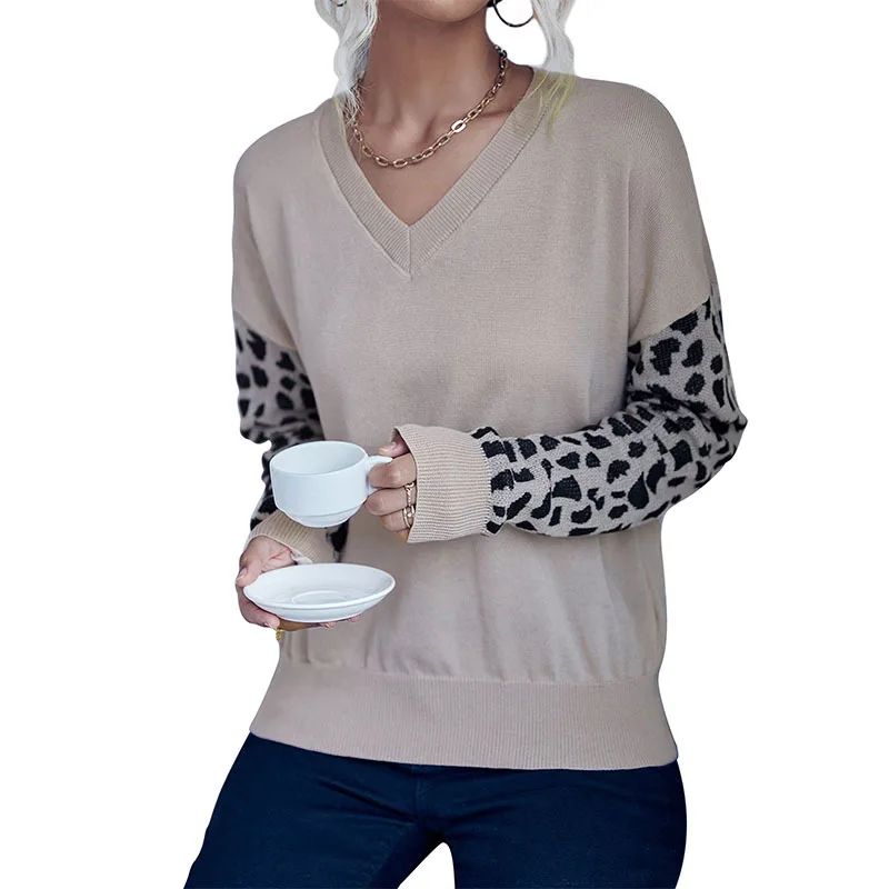 Есента Нов Модерен Женски вязаный тънък пуловер с леопардовым принтом и дълъг ръкав, Женски лоскутный фалшив комплект от две части, мека блузи с V-образно деколте - 4