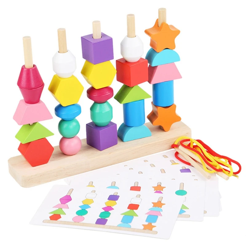 Комплект играчки за подреждане на дървени мъниста, подреждане блокове, връзване, Мъниста и укладчика съответната форма за деца на 2, 3, 4, 5 години - 0