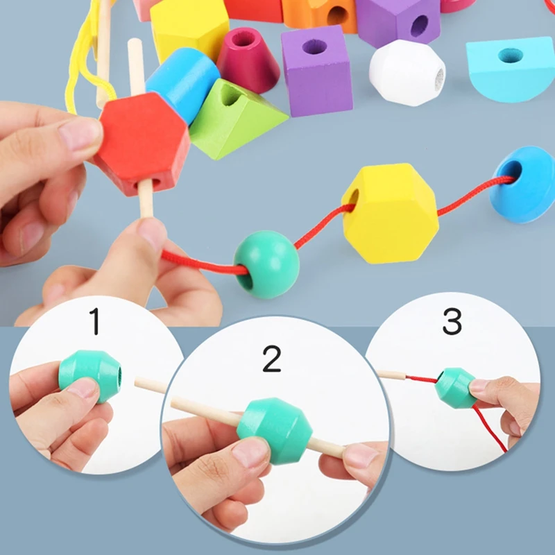 Комплект играчки за подреждане на дървени мъниста, подреждане блокове, връзване, Мъниста и укладчика съответната форма за деца на 2, 3, 4, 5 години - 4