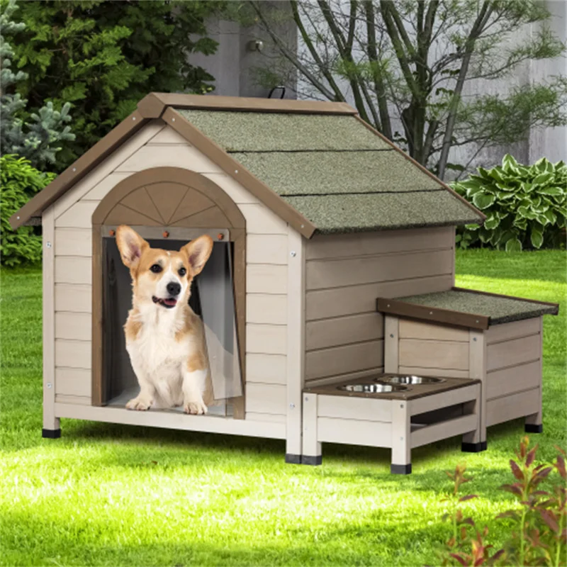 Кучешката къщичка от смърч с отворен покрив е идеален за малки и средни кучета. С кутия за съхранение, да повдигнат станция подаване с 2 чашами - 0
