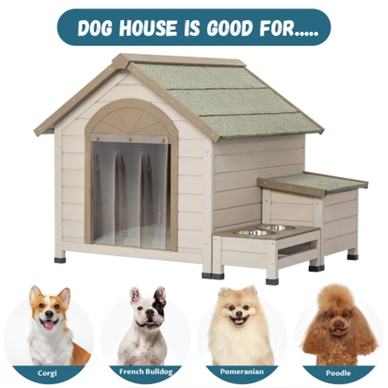 Кучешката къщичка от смърч с отворен покрив е идеален за малки и средни кучета. С кутия за съхранение, да повдигнат станция подаване с 2 чашами - 2