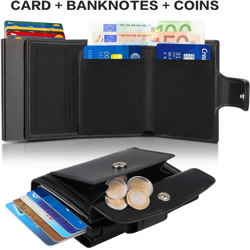 Модерен мъжки кратък държач за карти в три събиране, Черна кожена кесия за банкови карти, портфейл с голям капацитет, подарък за баща си - 1