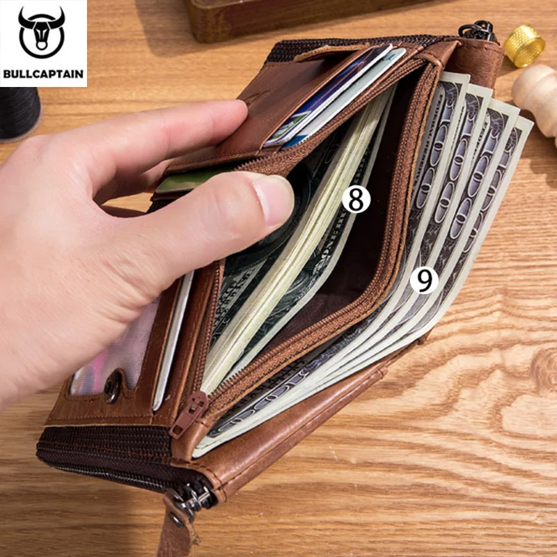 Мъжки портфейл BULLCAPTAIN от ретро-кожа, кожена кесия джоб с катарама, кратък кесия за пари, държач за карти, портфейл за монети, RFID чантата си QB06 - 3