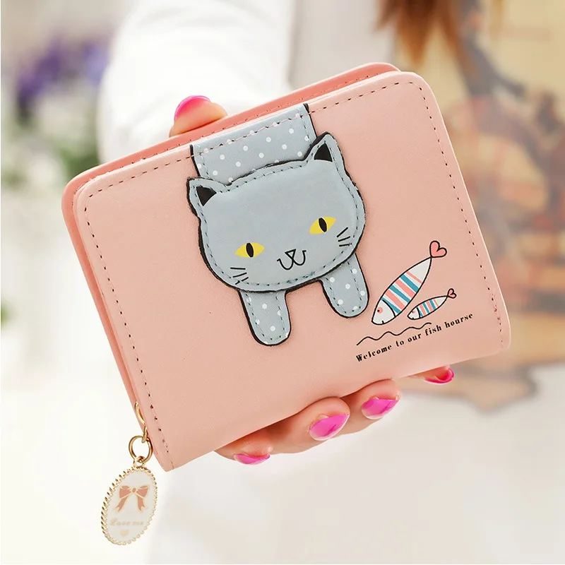 Нов женски кратък портфейл с цип под формата на хубава котка, чанта за няколко карти, портфейл за монети - 0