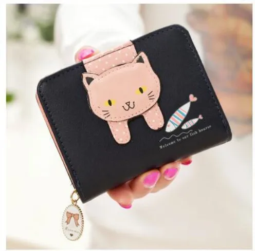Нов женски кратък портфейл с цип под формата на хубава котка, чанта за няколко карти, портфейл за монети - 1