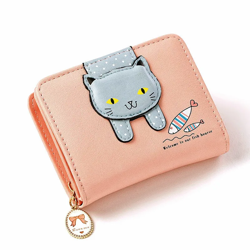 Нов женски кратък портфейл с цип под формата на хубава котка, чанта за няколко карти, портфейл за монети - 3