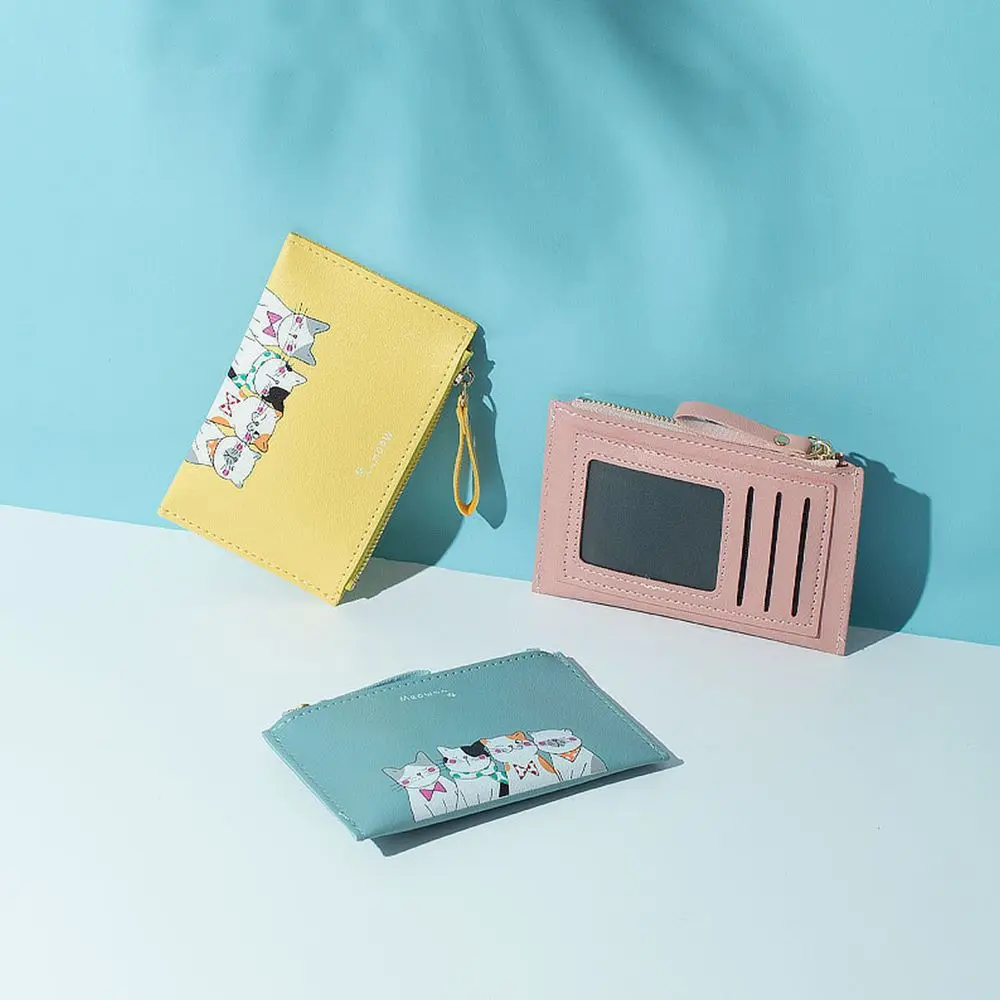 Портфейл за монети с цип, котка, изкуствена кожа, однотонная bag-държач за банкови карти, Кратък клатч, Портфейли в корейски стил, дамски портфейли - 0