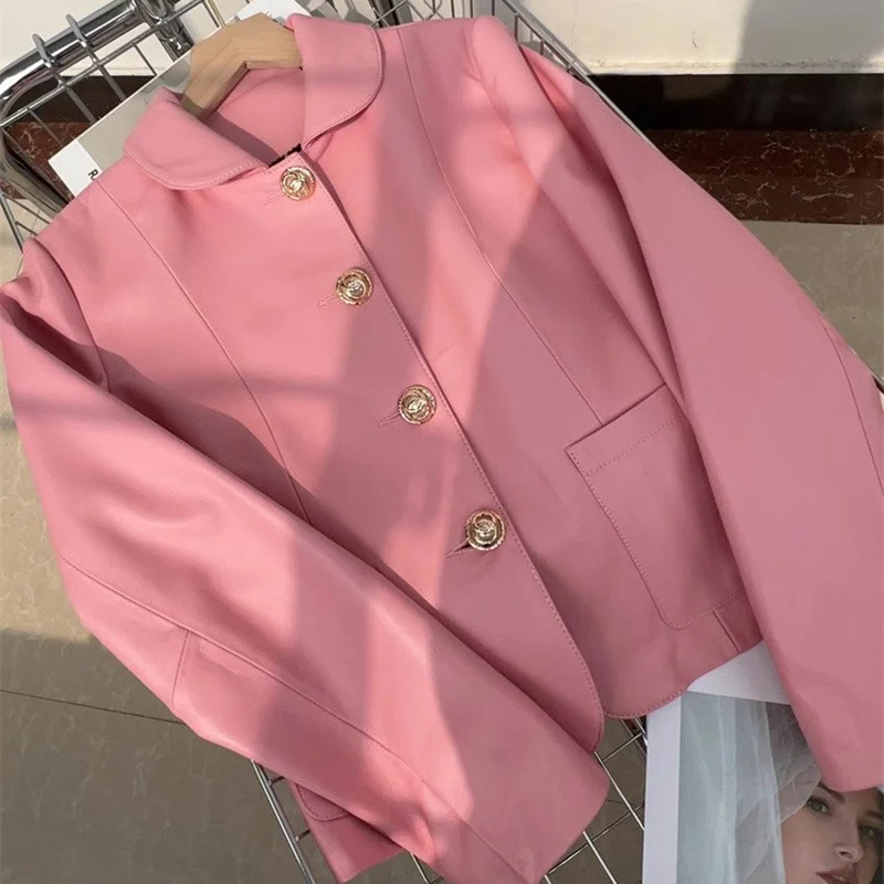 Розово яке от естествена кожа, за жени, Пролет-есен 2024, Трендови Метални копчета, Къси мотоциклетни якета от естествена овча кожа - 5
