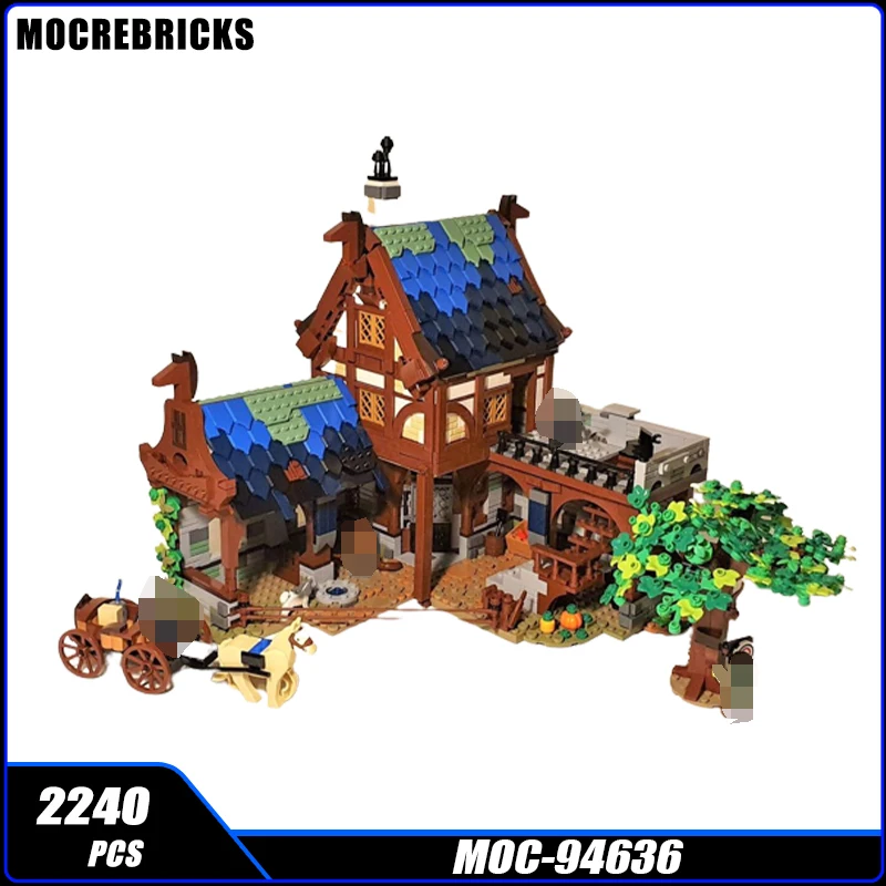 Серия от Street View MOC-94636 Средновековни конюшни, събиране на строителни блокове, експерти, образователни пъзели висока сложност, тухлени играчки, подаръци - 0