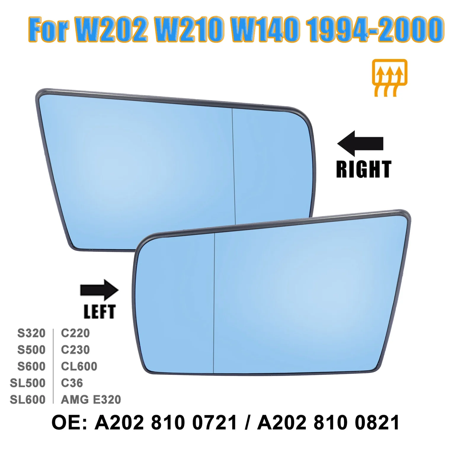 Стъкло Ляво Странично огледало за Обратно виждане с Подгряване и Опорна плоча за Mercedes-Benz C W202 E W210 S W140 1994-2000 - 1