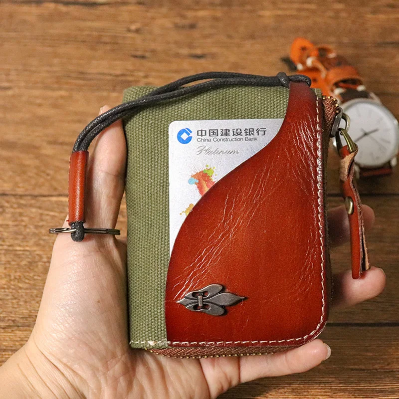 Чантата за ключовете от телешка кожа растително дъбени на най-горния слой на женския ретро японски стил, многофункционална чанта за карта и портфейл - 0