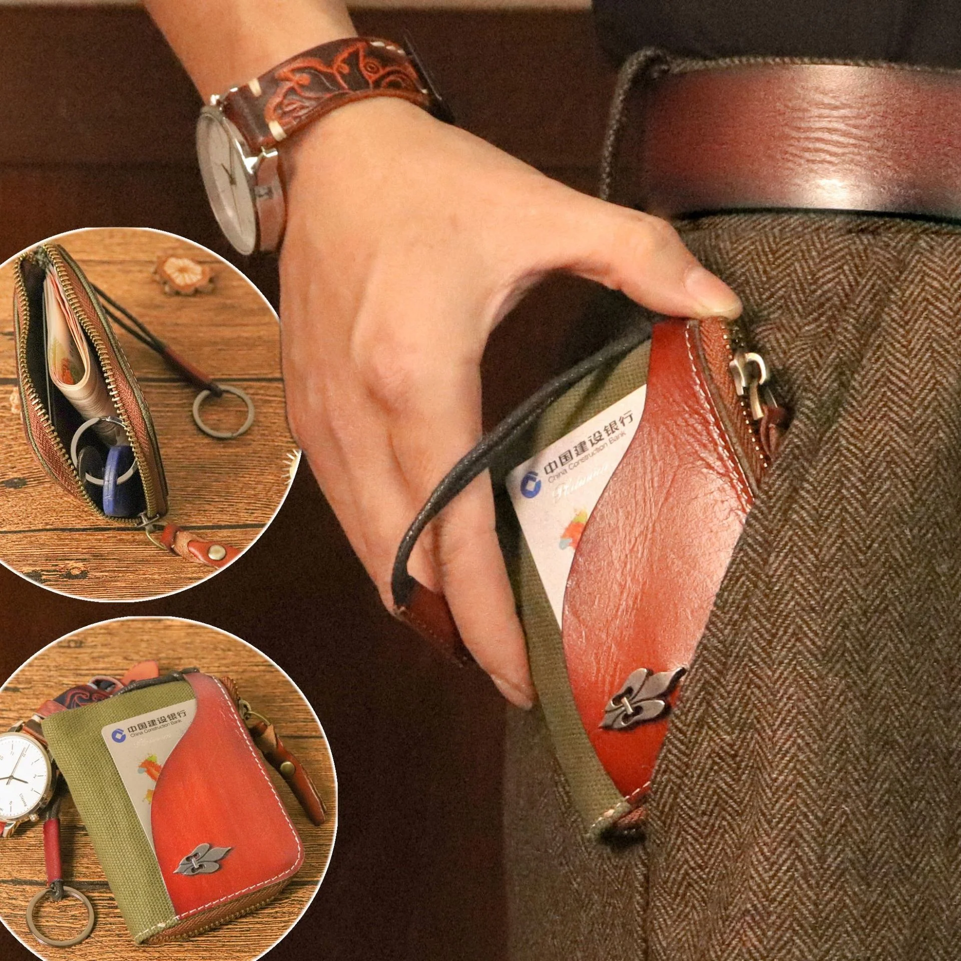 Чантата за ключовете от телешка кожа растително дъбени на най-горния слой на женския ретро японски стил, многофункционална чанта за карта и портфейл - 1