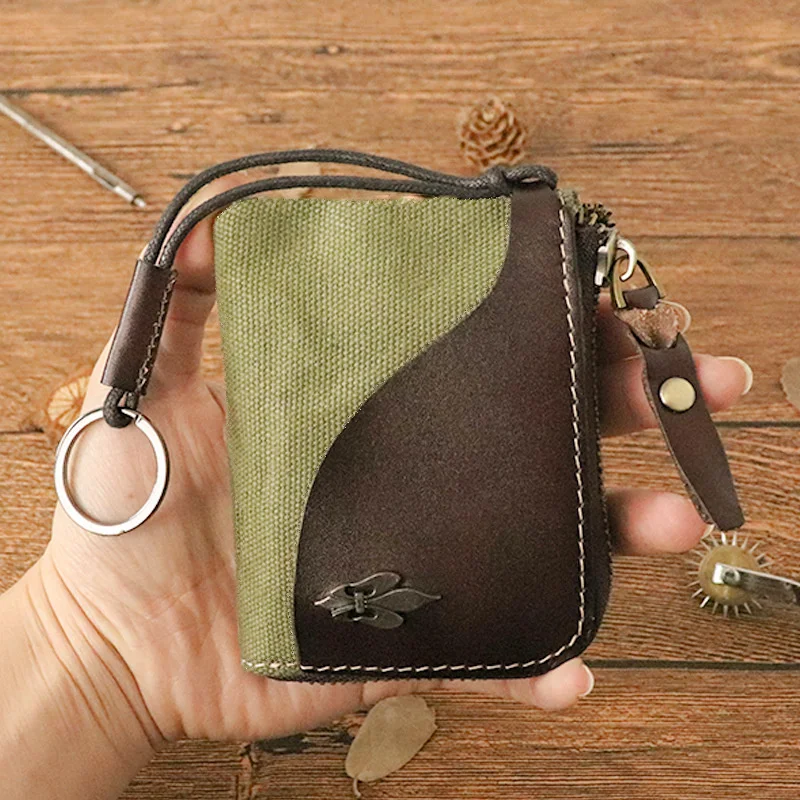 Чантата за ключовете от телешка кожа растително дъбени на най-горния слой на женския ретро японски стил, многофункционална чанта за карта и портфейл - 4