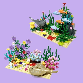 Градският Аквариум MOC, Подводен свят, Гледане на растителни сцени, Акула, риба-Дявол, строителни блокчета, играчки, тухли, съвместими с LEGO