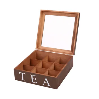 Дървена Кутия за чай с 9 мрежи, Контейнер за съхранение на чай от пакетчета, Квадратна Подарък кутия, Прозрачна Кутия за съхранение на бижута и горния капак-Червено вино c