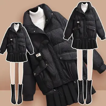 Есенно-зимния комплект, Ново памучно палто с висока пух, пуловер с висока яка, универсална плиссированная пола, комплект от три елемента за жени