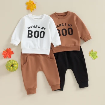 Есенното облекло за новородени момчета в Хелоуин, hoody с дълги ръкави и еластични панталони с писмото принтом, есен облекло