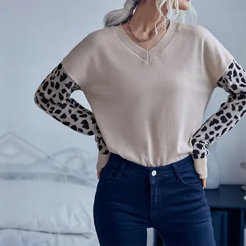 Есента Нов Модерен Женски вязаный тънък пуловер с леопардовым принтом и дълъг ръкав, Женски лоскутный фалшив комплект от две части, мека блузи с V-образно деколте