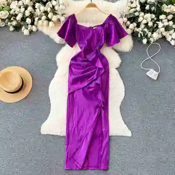 Жена Лилава рокля във винтидж стил, Елегантен V-образно деколте, къс ръкав-фенерче, с висока талия, къдри, Блестящо Дълго дебнещ рокля за парти
