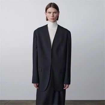 Изработена по поръчка сако от вълна без яка, Висококачествено палто с два предни джоба с капаци, Луксозен дизайн, Нови блейзери за жени