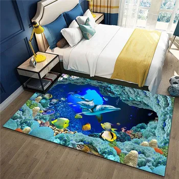 Килим Ocean World 3D Килими с делфини за всекидневна декор Спални, Фланелевый домашен подложка за пода, стелки Ocean Area