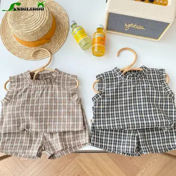 Комплект облекло от две части, детска лятна жилетка, комплект за момчета и момичета 0-6 години, Ежедневни тениска в корейски стил + каре къси панталони в стил ретро