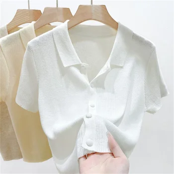 Корейската мода лято базова однотонная елегантна градинска облекло за всеки ден, универсални прости трикотажни ризи с къс ръкав 3 цветове, дамски блузи за почивка