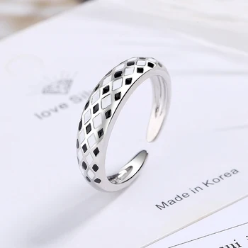 Модерен пръстен от сребро 925 проба, черно-бял емайл, Пръстени с уникален дизайн, Изящни бижута, подарък за празник RHR1162