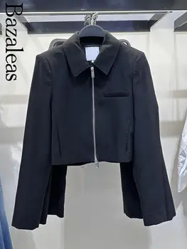 Официален магазин Bazaleas Women Трафика на Елегантни връхни дрехи, Луксозни блузи, Черно Сако, палто, Офис укороченная яке с цип, Официално облекло