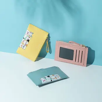 Портфейл за монети с цип, котка, изкуствена кожа, однотонная bag-държач за банкови карти, Кратък клатч, Портфейли в корейски стил, дамски портфейли