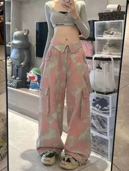 ретро pocket розов камуфляжный гащеризон за жени с негабаритными широки штанинами, ежедневни панталони с висока лампа на ревера