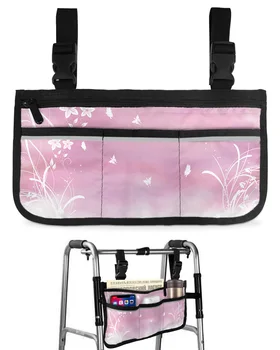 Розово с цветя и пеперуди Подлакътник за инвалидна количка За съхранение отстрани, Множество джобове Със светлоотразителни ивици, Подвесная чанта за съхранение на детски колички