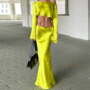 Секси комплекти облегающих рокли с отворени рамене, Елегантни сатенени поли, Комплекти от две части, Дамски празнична облекло 2023, Жълти съкратен блузи с дълъг ръкав