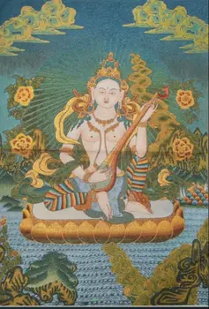 Тибет Тибетски плат за бродиране Коприна Будизма Глас Сарасвати Буда Майка на Богинята Сарасвати Тангка тханка превъртане рисувани Стени