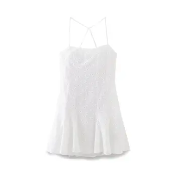 ТРАФИКА женствена мини рокля на спагети презрамки във френски стил с открита бродерия по дъното и накъдрен, красива рокля с цип отзад, Vestidos