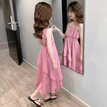 Шифоновое рокля за момичета 2023, Лятно Ново Корейска детска рокля без ръкави 